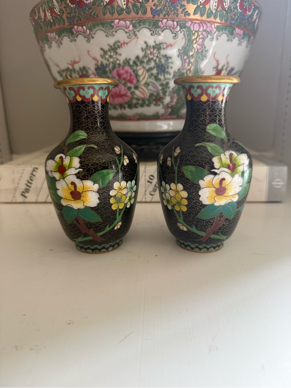 Vintage Black Cloisonné Vases with White and Green Floral Design pair-mirrored